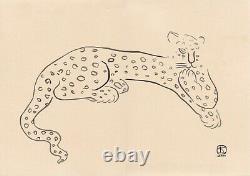 Sanyu style Chinese French ink drawing paper leopard cat art deco Chang Yu