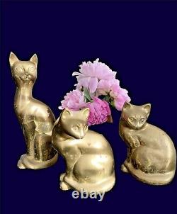 Set Of 3 Large Vintage Mid Century Art Deco Brass Kitty Cat Figurine Sculpture