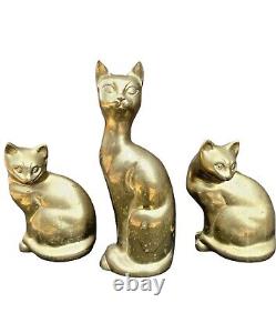 Set Of 3 Large Vintage Mid Century Art Deco Brass Kitty Cat Figurine Sculpture