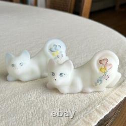 Set of 2 Fenton Art Glass Crouching Cat Figurines Baby Gift Girl & Boy