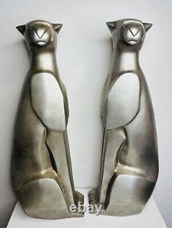 Set of 2 LARGE Elegant Art Deco Style Silver Metallic Cat Statue Figurines Resin