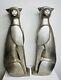 Set Of 2 Large Elegant Art Deco Style Silver Metallic Cat Statue Figurines Resin