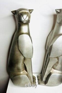 Set of 2 LARGE Elegant Art Deco Style Silver Metallic Cat Statue Figurines Resin