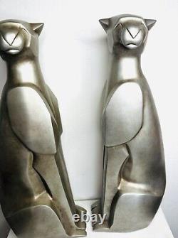 Set of 2 LARGE Elegant Art Deco Style Silver Metallic Cat Statue Figurines Resin