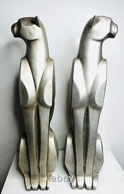 Set of 2 LARGE Elegant Art Deco Style Silver Metallic Cat Statue Figurines Resin