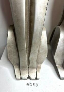 Set of 2 LARGE Elegant Art Deco Style Silver Metallic Cat Statue Figurines Resin