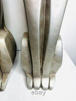 Set of 2 LARGE Elegant Art Deco Style Silver Metallic Cat Statue Figurines Resin