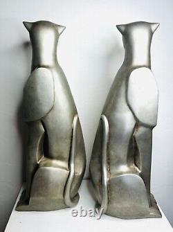 Set of 2 LARGE Elegant Art Deco Style Silver Metallic Cat Statue Figurines Resin