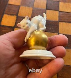 Set of 2 Vtg Porcelain Figurine Cats with Gold Ball- 1 marked Rosenthal