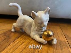 Set of 2 Vtg Porcelain Figurine Cats with Gold Ball- 1 marked Rosenthal