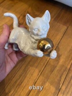 Set of 2 Vtg Porcelain Figurine Cats with Gold Ball- 1 marked Rosenthal