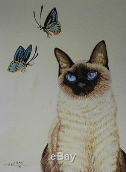 Siamese Cat 5, Butterfly, Original Watercolor Painting, Signed, Wall Art Deco