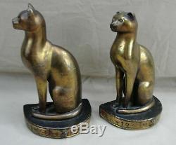 Signed H. Huber Clark Mish Painted Bronze Bookends Egyptian Art Deco Seated Cats