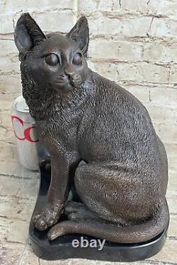 Signed Original Friendly Cat Feline Bronze Art Deco Marble Base Sculpture Figure