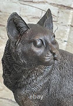 Signed Original Friendly Cat Feline Bronze Art Deco Marble Base Sculpture Statue