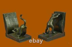 Signed Original Two Playful Cat Bookends Book Ends Bronze Sculpture Deco Artwork