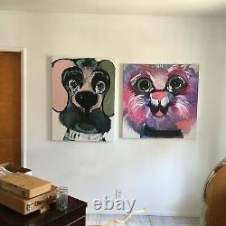 Signed lori clark Acrylic Painting Big Pink Cat 36 x 36 x 2 LARGE (PAIR)