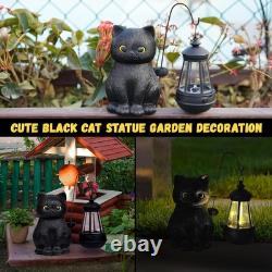 Solar Garden Statue Cat Figurine, Black Statues Decor with