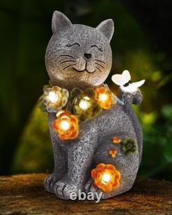 Solar Garden Statues Lights, Cat Figurines Succulent Flower Butterfly Gray