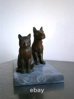 Statue Art Deco Dog And Cat Metal Patinated Marble Stylized 1930 Antique