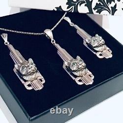 Sterling Silver Green Emerald Art Deco style Cat animal long Pendant & Earrings