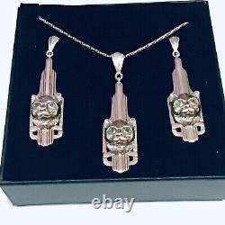 Sterling Silver Green Emerald Art Deco style Cat animal long Pendant & Earrings