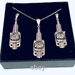 Sterling Silver Green Emerald Art Deco style Cat animal long Pendant & Earrings