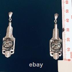 Sterling Silver Green Emerald Art Deco style Cat animal long Pendant & Earrings