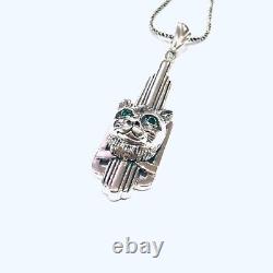 Sterling Silver Green Emerald Art Deco style Cat animal long Pendant & Earrings