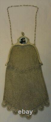 Sterling Silver Mesh Chain Purse Evening Hand Bag with cat picture Ornate ZC2-29