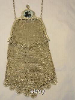 Sterling Silver Mesh Chain Purse Evening Hand Bag with cat picture Ornate ZC2-29