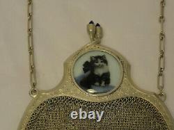 Sterling Silver Mesh Chain Purse Evening Hand Bag with cat picture Ornate ZC2-29