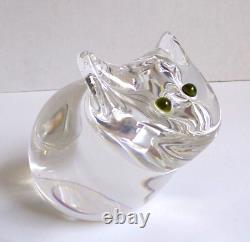 Steuben Art Crystal Glass Cat with Green Eyes Figurine Heavy Signed 4 Tall