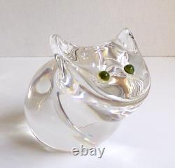 Steuben Art Crystal Glass Cat with Green Eyes Figurine Heavy Signed 4 Tall