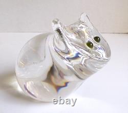 Steuben Art Crystal Glass Cat with Green Eyes Figurine Heavy Signed 4 Tall