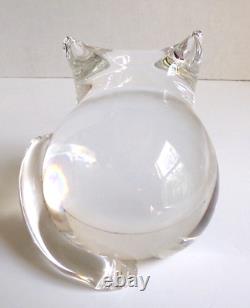 Steuben Art Crystal Glass Cat with Green Eyes Figurine Heavy Signed 4 Tall