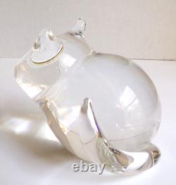 Steuben Art Crystal Glass Cat with Green Eyes Figurine Heavy Signed 4 Tall
