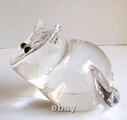 Steuben Art Crystal Glass Cat with Green Eyes Figurine Heavy Signed 4 Tall