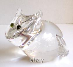 Steuben Art Crystal Glass Cat with Green Eyes Figurine Heavy Signed 4 Tall