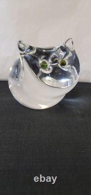 Steuben Signed Art Glass Crystal Cat With Tourmaline Green Eyes Figurine 5