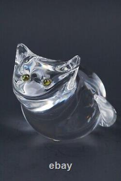 Steuben Signed Art Glass Crystal Cat With Tourmaline Green Eyes Figurine 5