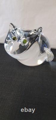 Steuben Signed Art Glass Crystal Cat With Tourmaline Green Eyes Figurine 5
