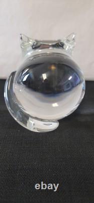 Steuben Signed Art Glass Crystal Cat With Tourmaline Green Eyes Figurine 5