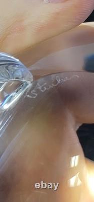 Steuben Signed Art Glass Crystal Cat With Tourmaline Green Eyes Figurine 5