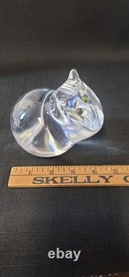 Steuben Signed Art Glass Crystal Cat With Tourmaline Green Eyes Figurine 5