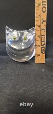Steuben Signed Art Glass Crystal Cat With Tourmaline Green Eyes Figurine 5