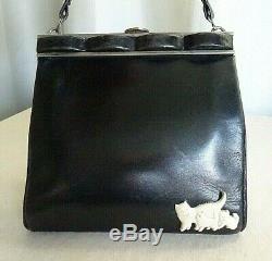 Super vintage art deco 1930's navy blue leather handbag with bakelite cats