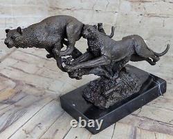 Superb Art Deco Large 100% Bronze Puma Leopard Jaguar Big Cat Sculpture Decor