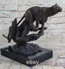 Superb Art Deco Large 100% Bronze Puma Leopard Jaguar Big Cat Sculpture Decor