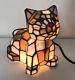 Tiffany Style Stained Glass Bobble Head Cat Lamp Night Light With Green Eyes 7 T